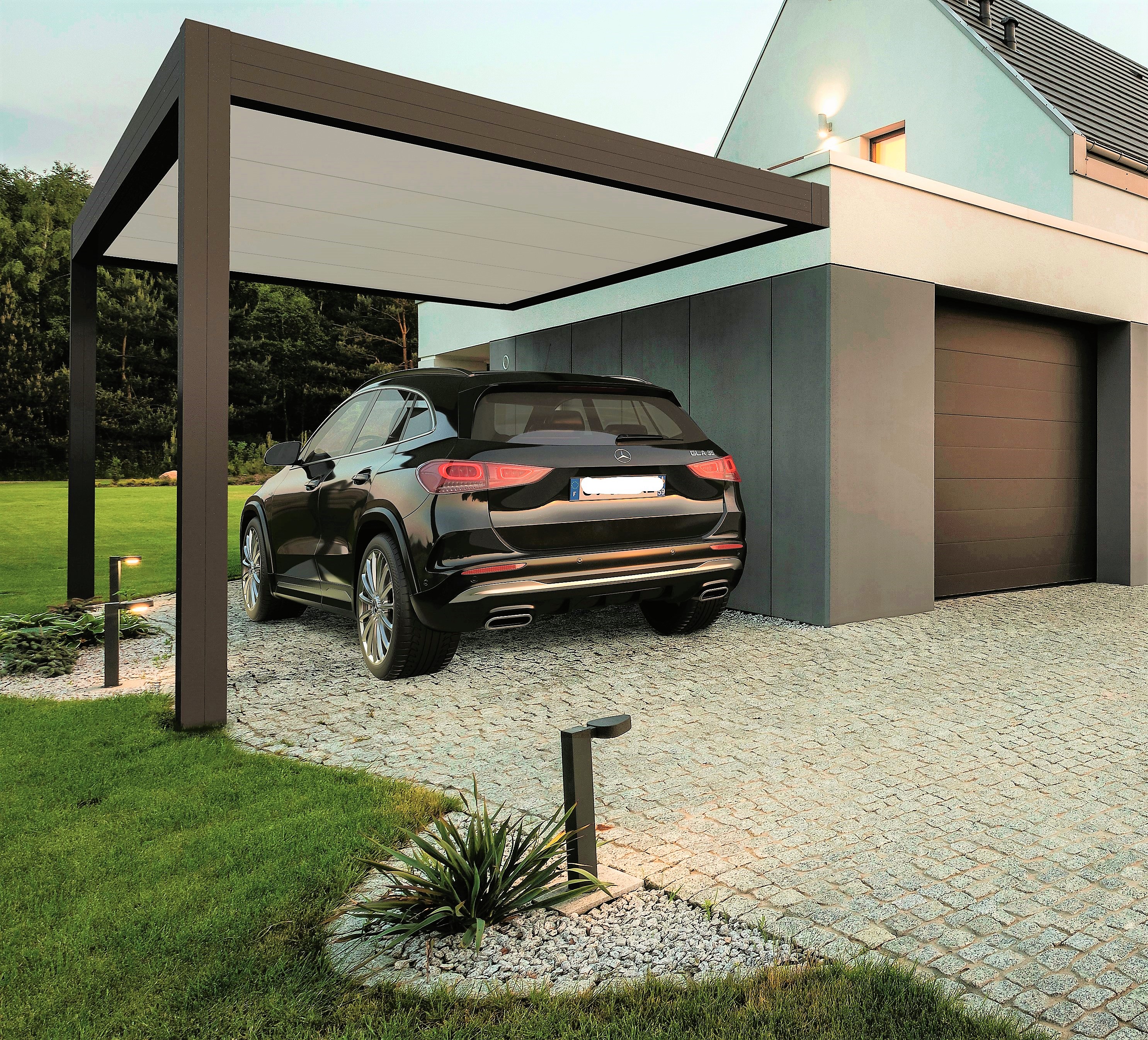 abri pour voiture en bois massif à toit plat de design autoporté